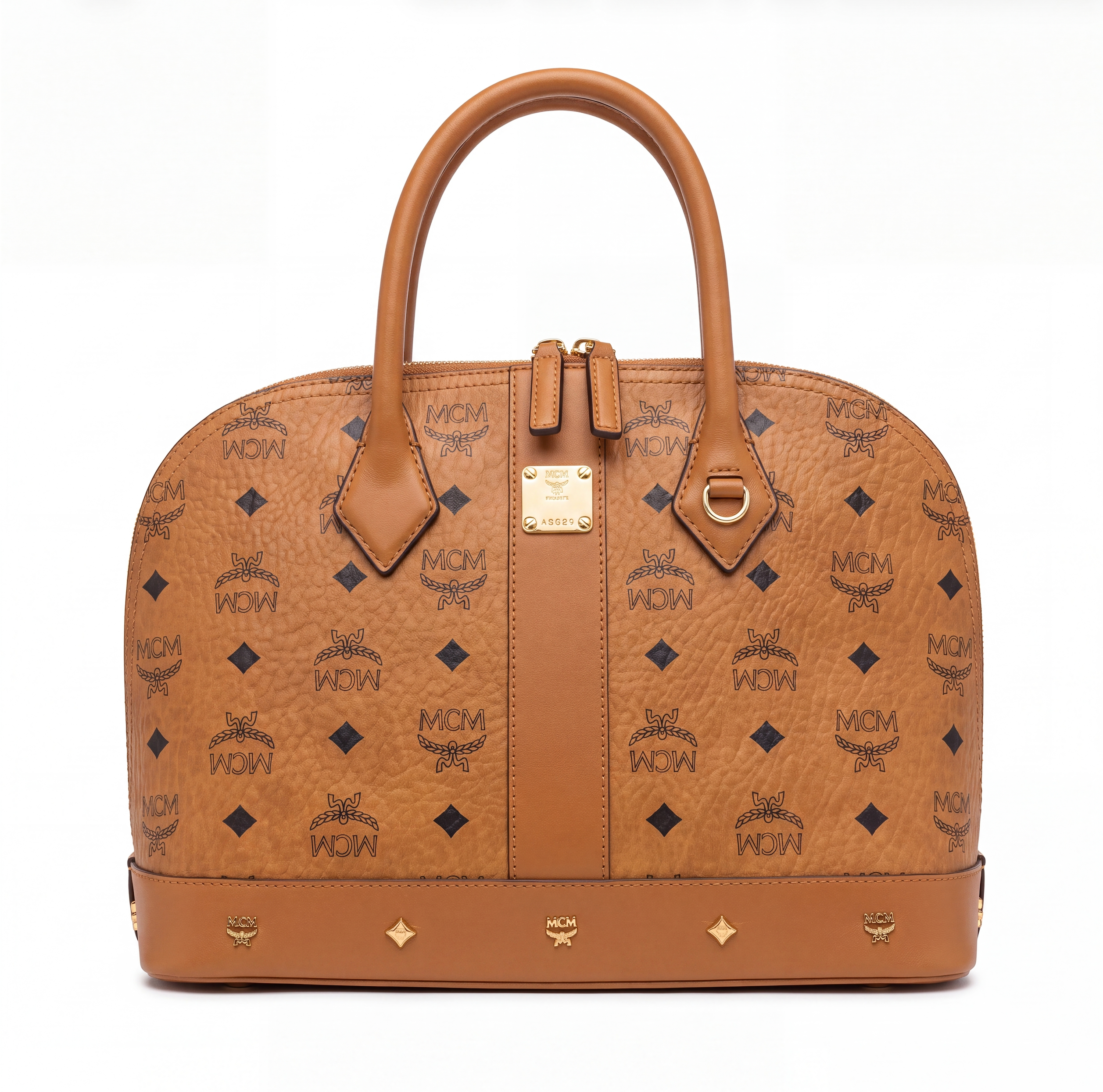MCM Pina Tragetasche mit Nieten in Visetos Cognac