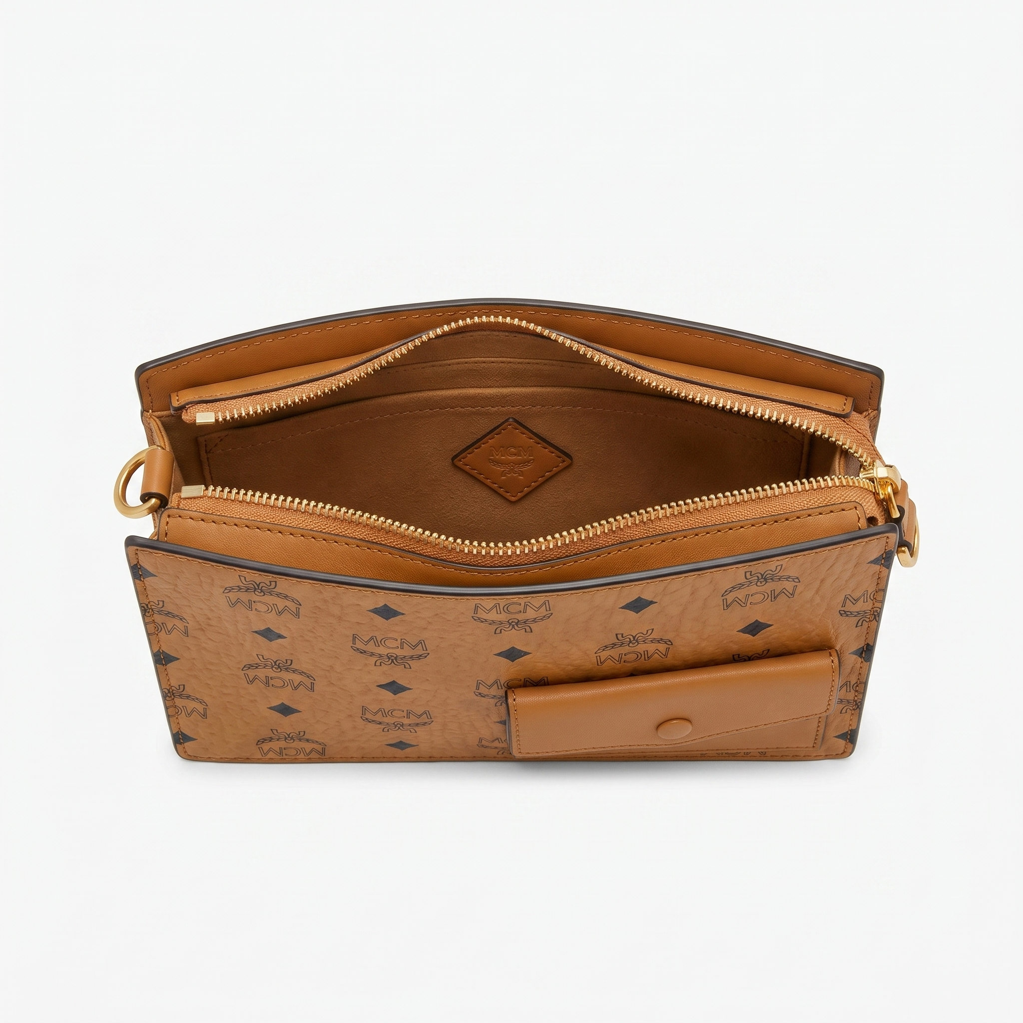 MCM Aren Standing Crossbody Pouch in Cognac