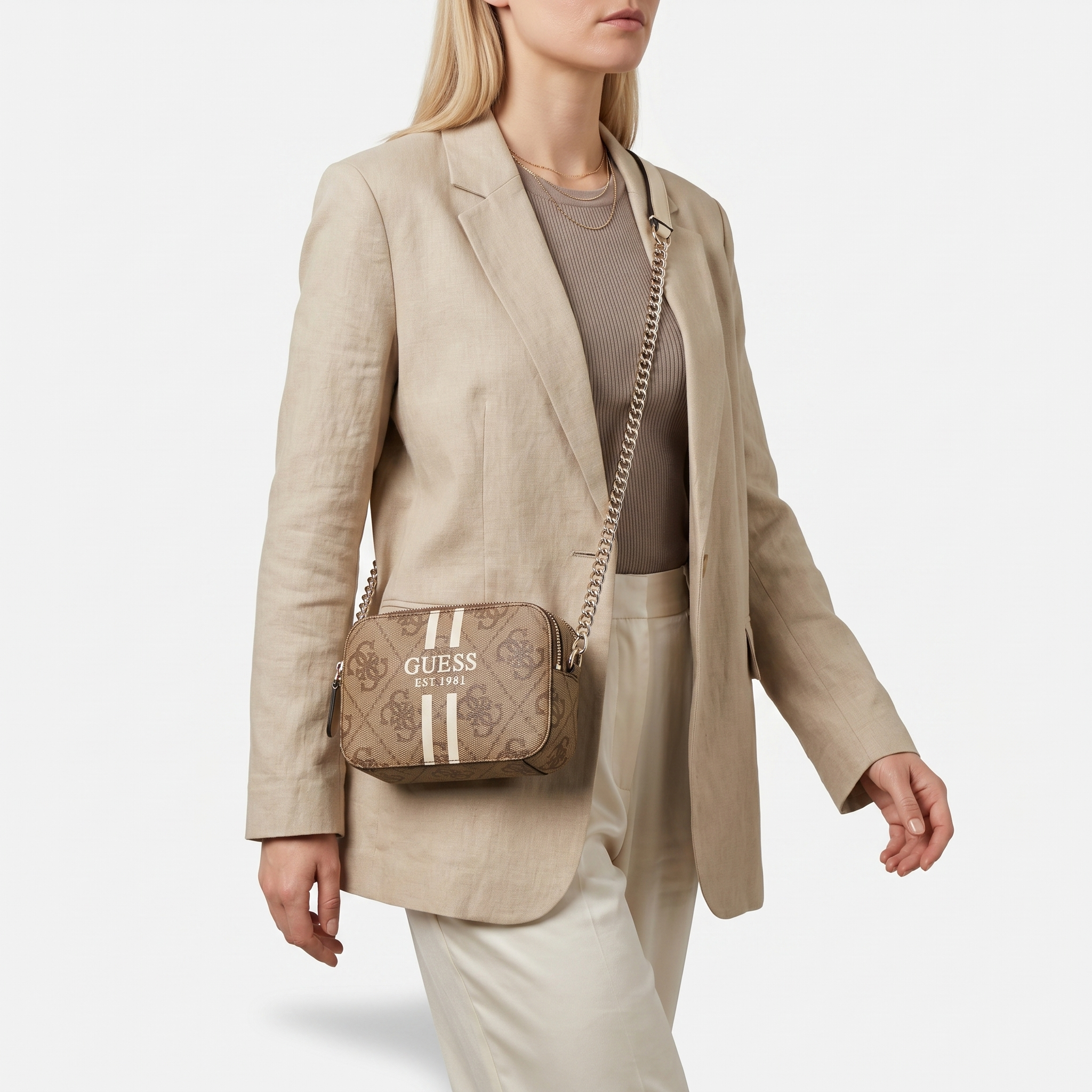 Guess Noelle 4G Mini Umhängetasche Latte Logo