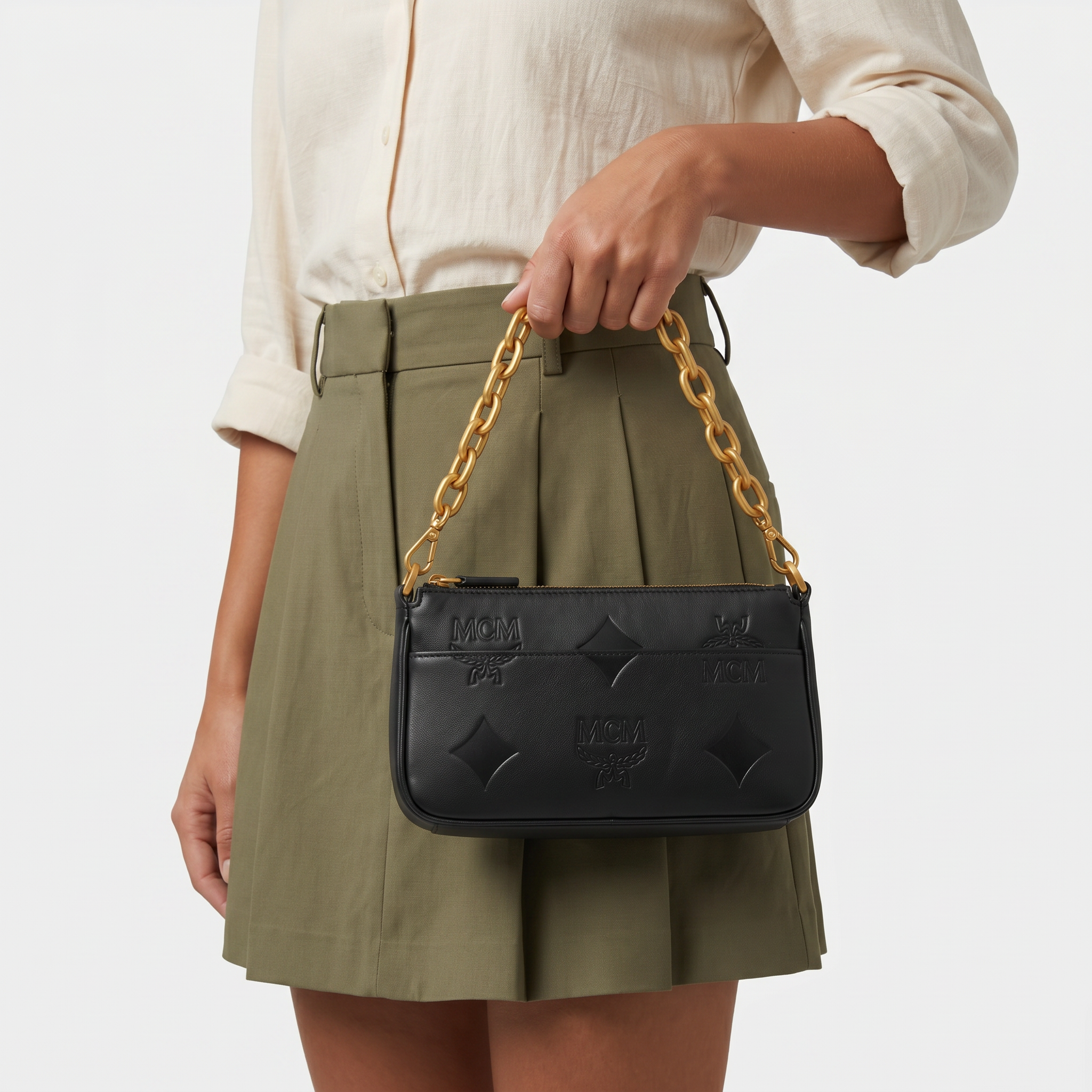 MCM Aren Umhängetasche Aus Leder Kette und Maxi-Monogram Schwarz