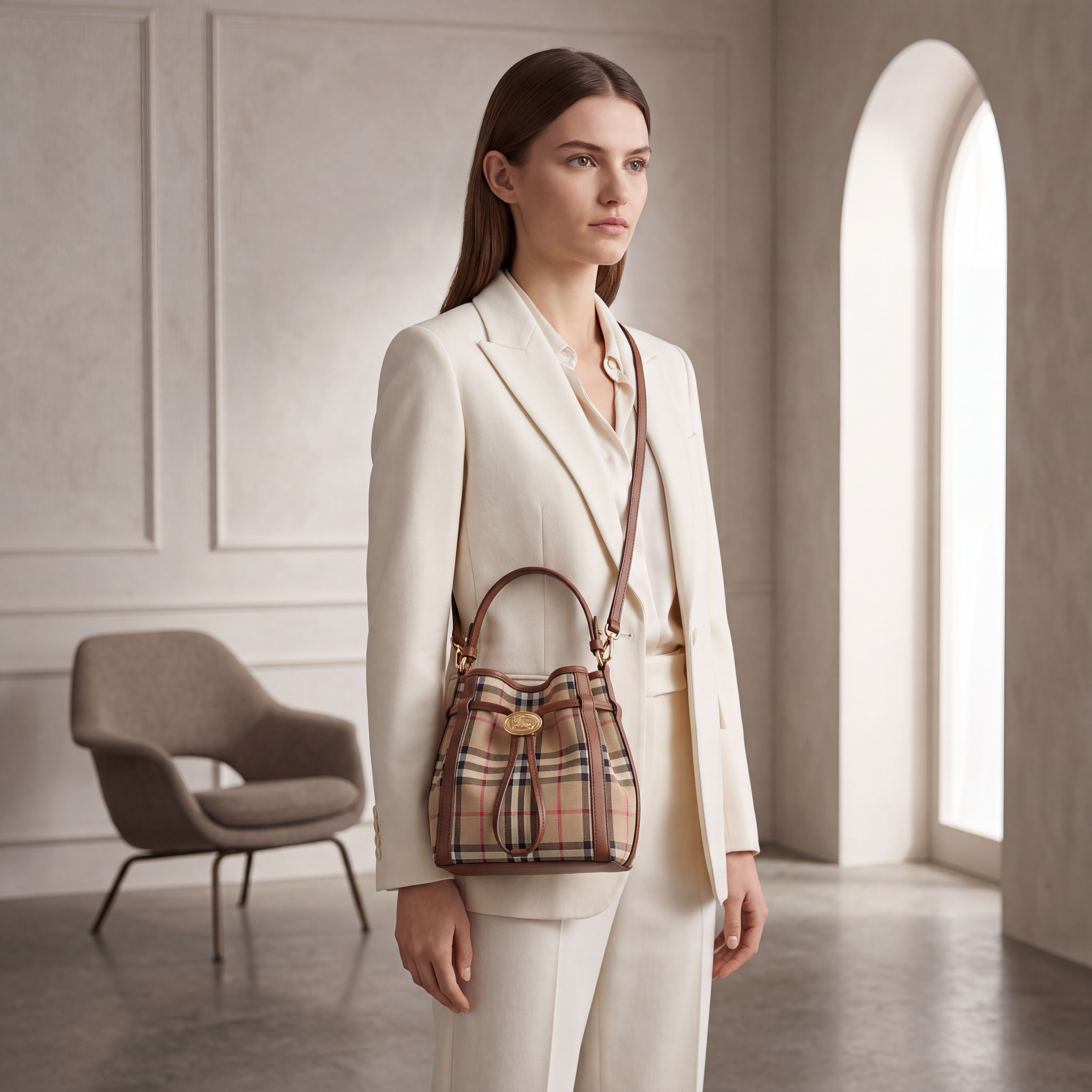 Burberry Bucket Bag in Check Small Beige