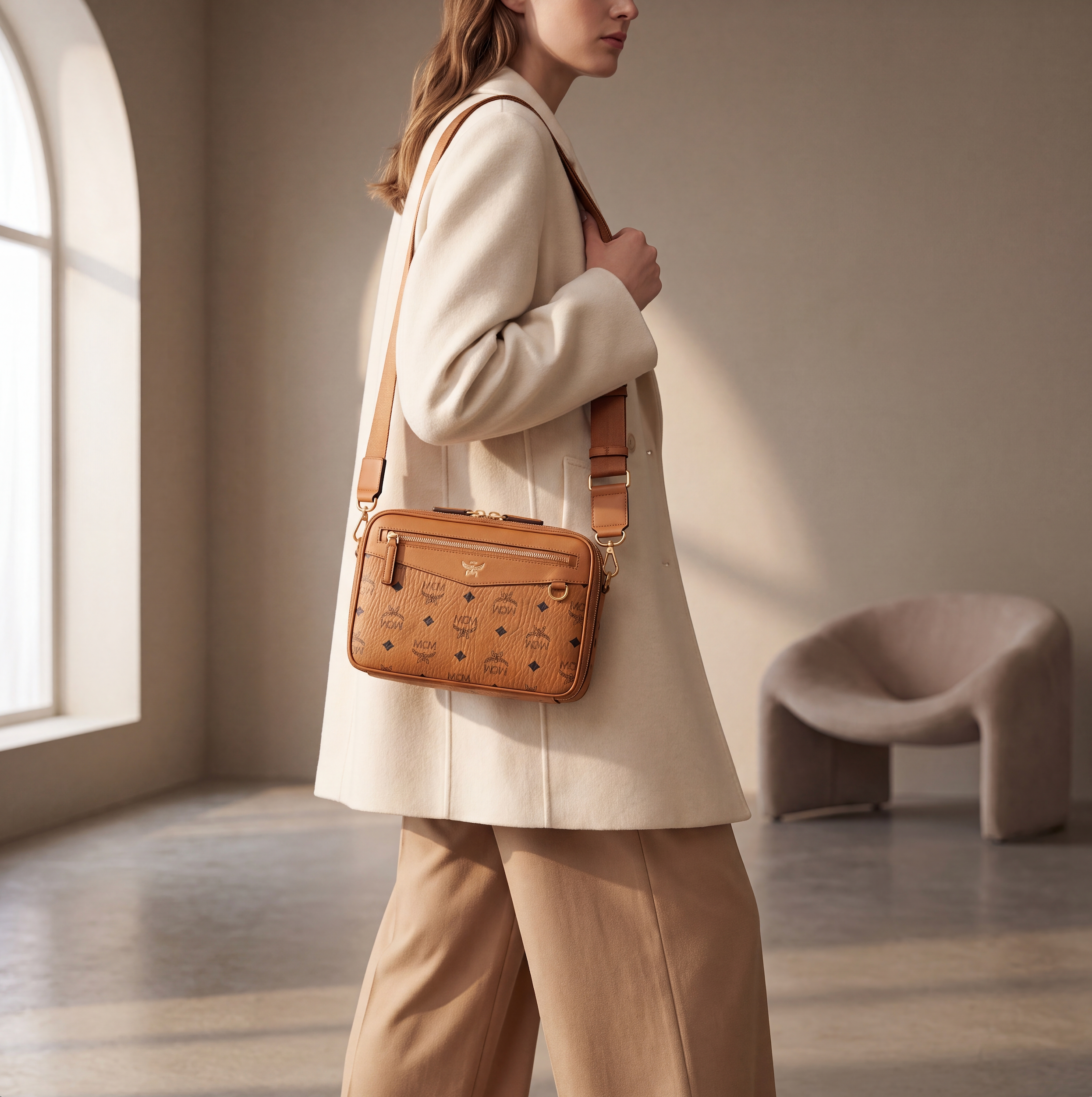 MCM Diamond Camera Bag Visetos-Canvas Cognac