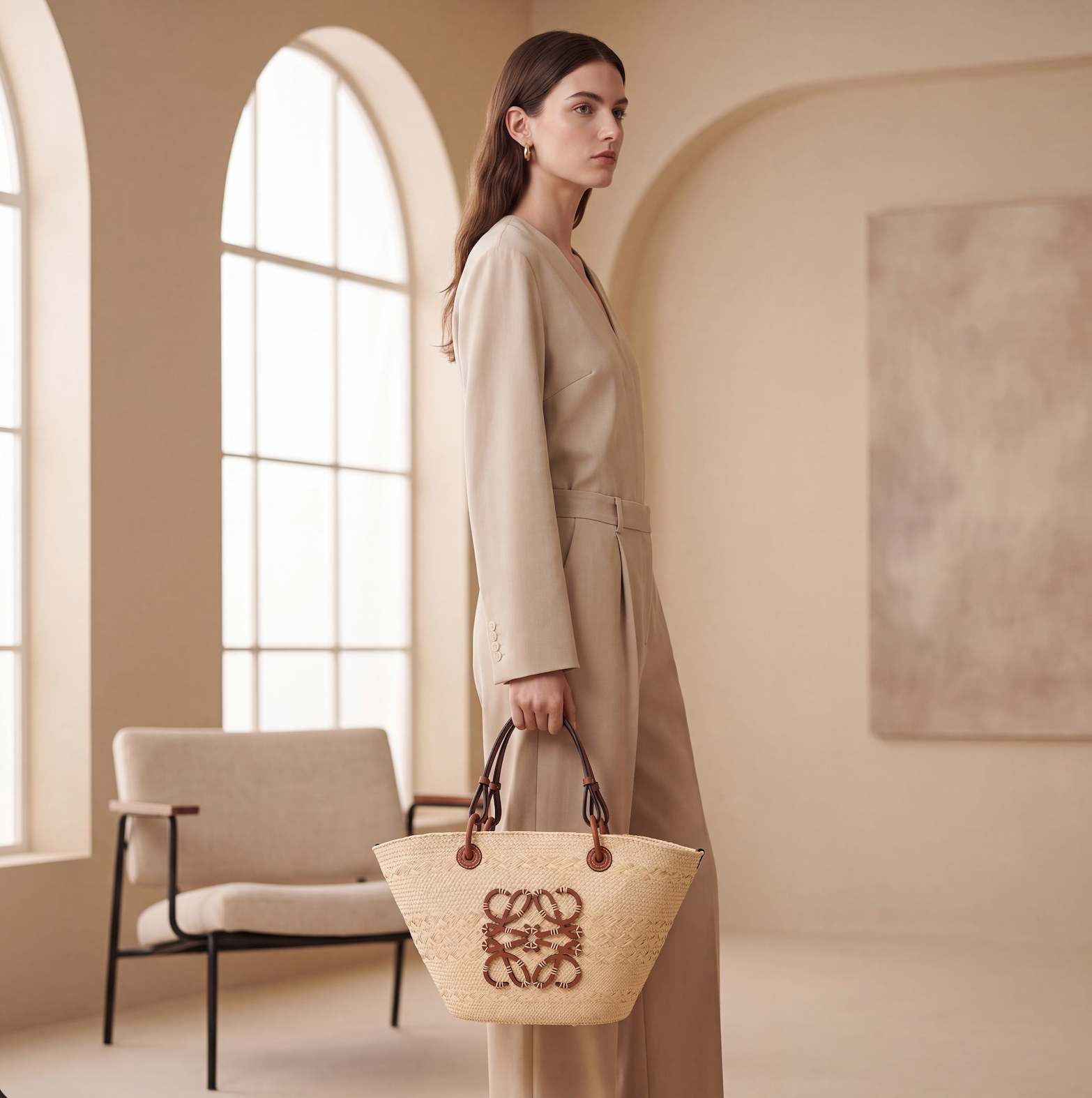 Loewe Anagram Basket Bag Small aus Iraca Palme & Kalbsleder - Braun