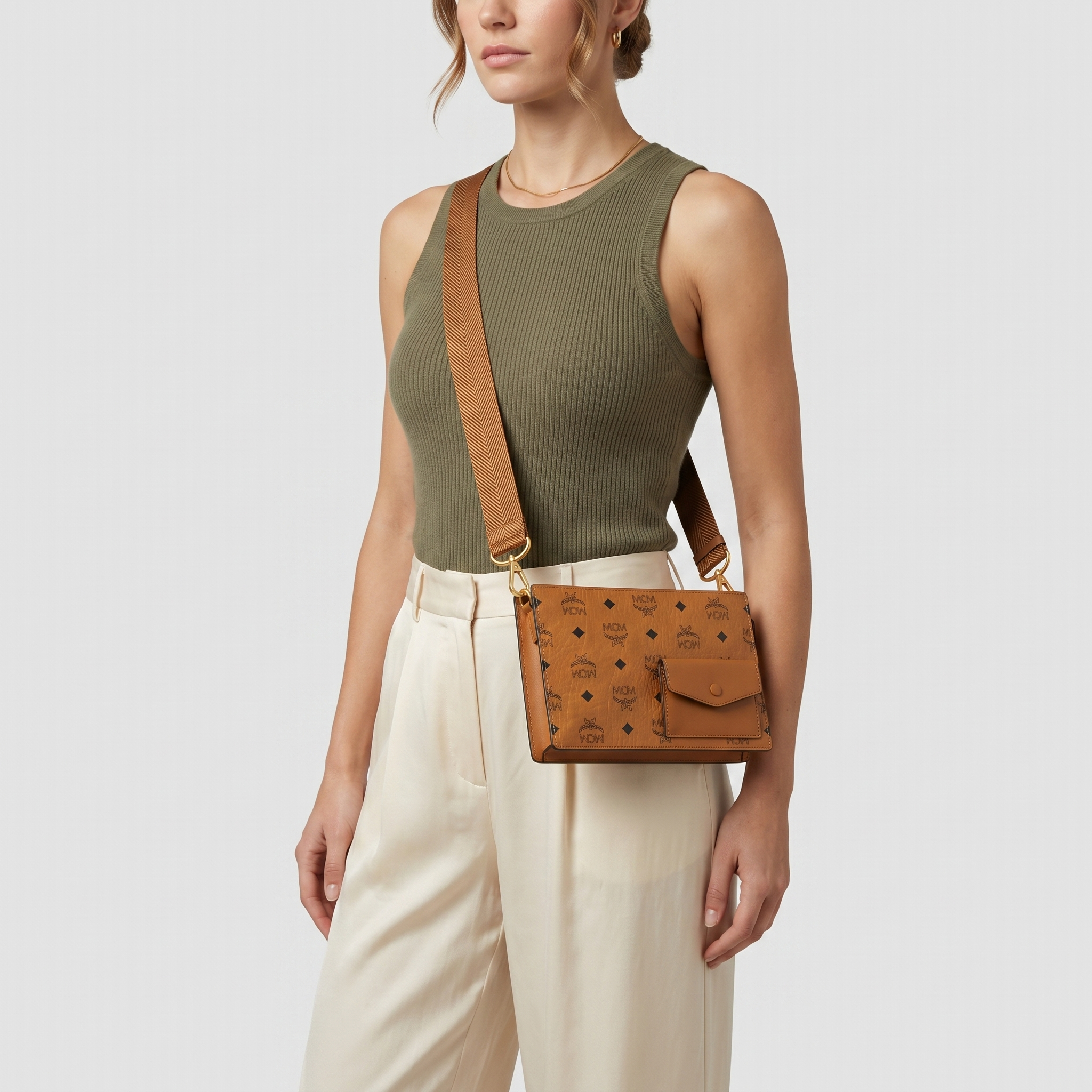 MCM Aren Standing Crossbody Pouch in Cognac